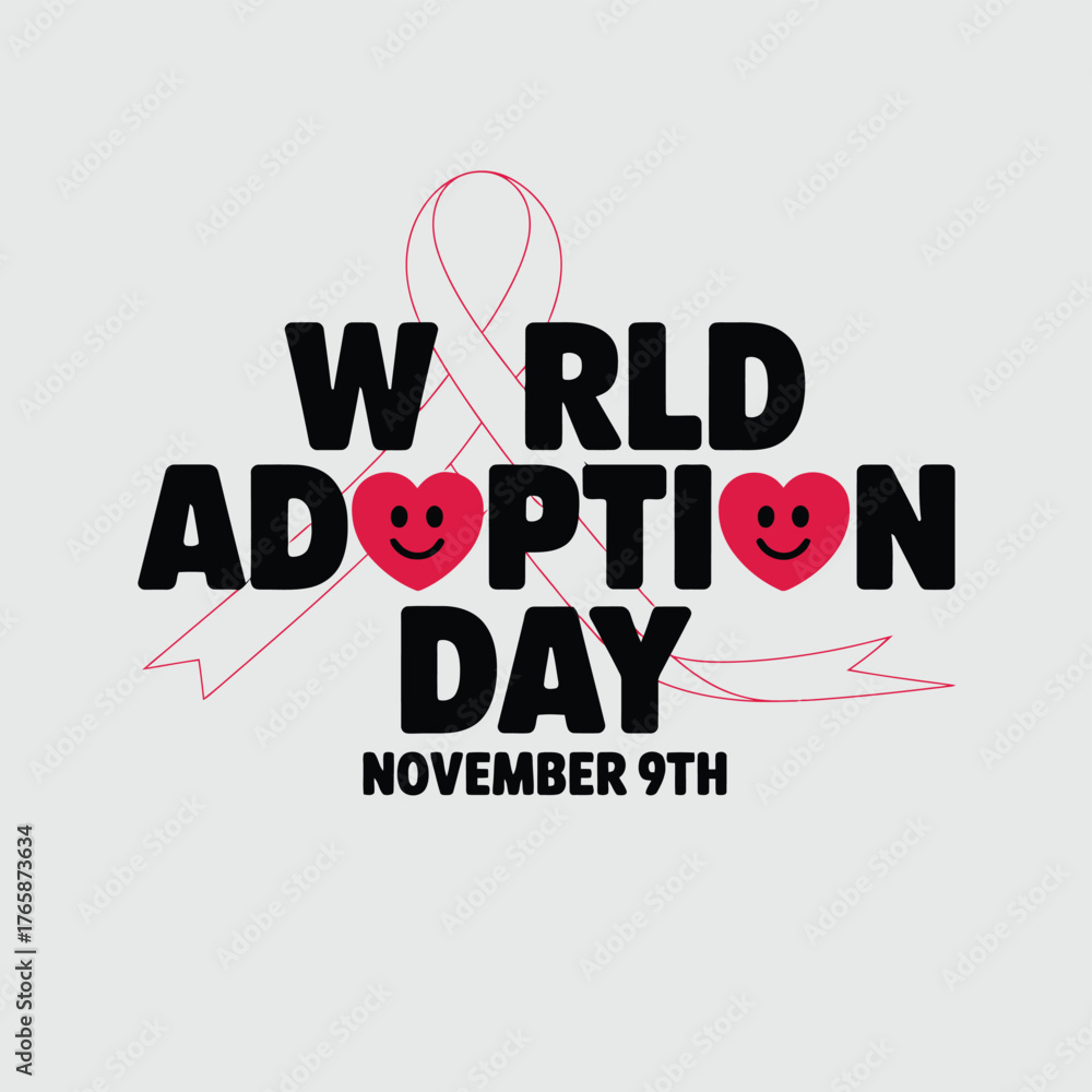 Adoption Ribbon Color Vector art of world adoption day text with red hearts and a ribbon ...