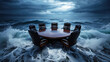 © olgakris - Round table in ocean waves, business meeting symbolism, stormy sea, office chairs, corporate crisis, decision making, leadership challenge, teamwork, executive discussion, turbulent environment