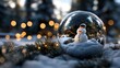 © lililia - Snowflakes gently fall around a snowman in a glass globe, illuminated by soft bokeh lights, ideal for winter holiday greetings