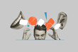 © deagreez - Template sketch trend artwork 3D photo collage of mouth talk speech bubble chat cloud textbox ear listen rumors young man head overloaded