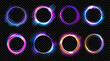 © SpicyTruffel - Magic shine. Light portal ring effect. 3D neon fiber glow sphere. Galaxy gradient lightning. Space optical frame. Illuminated vortex sparks. Vector luminous futuristic round borders set