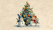 © Erika - un fondo con espacio de copia con dos monos de nieve alegres y un arbol de navidad decorado pintado al oleo o acrilico alusivo a las festividades de navidad para diseño