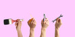 © New Africa - People holding different tools in hands against pink background, closeup. Collage