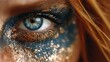 © Olga - A photo of a woman with her eyes closed, a close-up of her blue eye with gold glitter, and her hair flowing in the wind