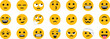 © Sk - Emoji face icons with funny expressions for chat and social design. Cute emotional smiley symbols for messaging graphics. Cartoon reaction faces for creative digital projects.