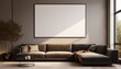 © Ellis - minimal interior with blank poster mockup on wall and cozy living room with sectional sofa and natural light through large window 3d rendering 3d rendering