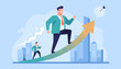 © Christian - Vibrant vector illustration depicting a large businessman ascending an upward trending arrow graph, symbolizing growth and success, with smaller figures following, set against a cityscape and target