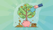 © Roann - Conceptual illustration of financial growth and investment, depicting a vibrant green tree laden with dollar bills and gold coins, being watered by a hand holding a watering can, symbolizing
