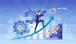 © Roann - Visionary businessman with spyglass climbing upward arrow graph towards next goal, symbolizing motivation, overcoming challenges, and achieving success with gears and charts in background
