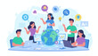 © Roann - Vivid vector illustration of a diverse team of online assistants collaborating around a glowing globe, symbolizing global connectivity and customer support, with icons of ideas, puzzles, and search