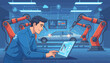 © Manny - Modern automotive factory scene with a smiling engineer operating a laptop to control robotic arms assembling a car on a conveyor belt, showcasing advanced manufacturing and automation technology in