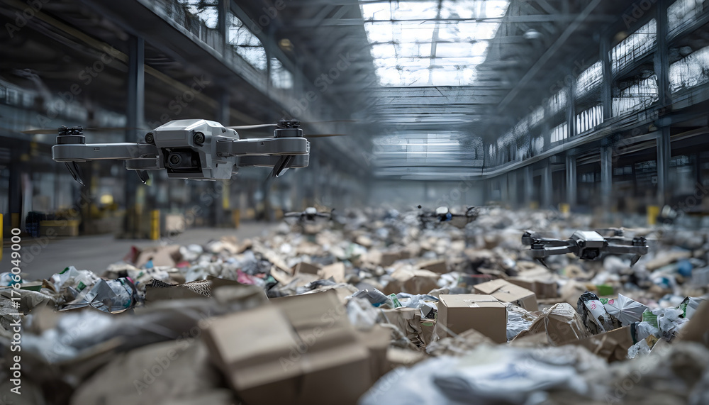 Automated drones operating in a large industrial warehouse gathering ...