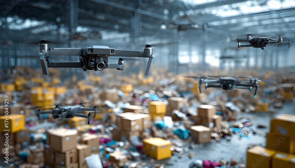 Automated drones operating in a large industrial warehouse gathering ...