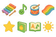 © Varvara - Children's Music Icons. Children’s Xylophone flat icons: colorful bars, mallet, smiling note, toy drum, rainbow wave, star, learning book, sunshine