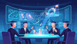 © Cyjan - Modern innovative business technology concept: Four businessmen in VR headsets collaborating around a futuristic holographic table, interacting with glowing data visualizations and charts in a