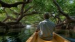 © forenna - A retired couple kayaks through a mangrove forest, with tangled roots, darting fish, and herons perched above, rendered in a lush photo with water reflections, leaf patterns, and tropical