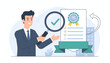 © Crystal - Man in suit examining a document with a magnifying glass, showing a checkmark and QC seal, representing quality control, certification, and approval in business processes, with abstract network lines