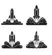 © masooma - A collection of four vector illustrations showcasing rocket launches, each depicted in a monochrome silhouette against a white background, capturing the dynamic moment of liftoff with plumes of smoke