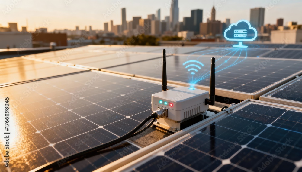 Smart grid sensors installed on urban rooftop solar panels sending ...