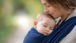 © Sergey - Tender moment of parent comforting sleeping baby in carrier for family bonding concept