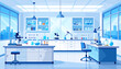© Deris Firmansyah - Chemistry laboratory flat color vector illustration. Science lab, pharmaceutical research center 2D cartoon interior design with medical equipment on background. Modern medical institution decor
