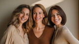 Three beautiful and smiling Millennial women dressed casually, studio shot