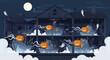 © Pupun - halloween boats in haunted house under full moon a spooky coastal scene with ghosts floating around for eerie themes and holiday fun