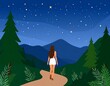 © Lala - A woman walking toward mountains under a star-filled night sky
