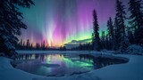 Northern Lights Over Frozen Lake and Pine Trees – Magical Arctic Night Scene