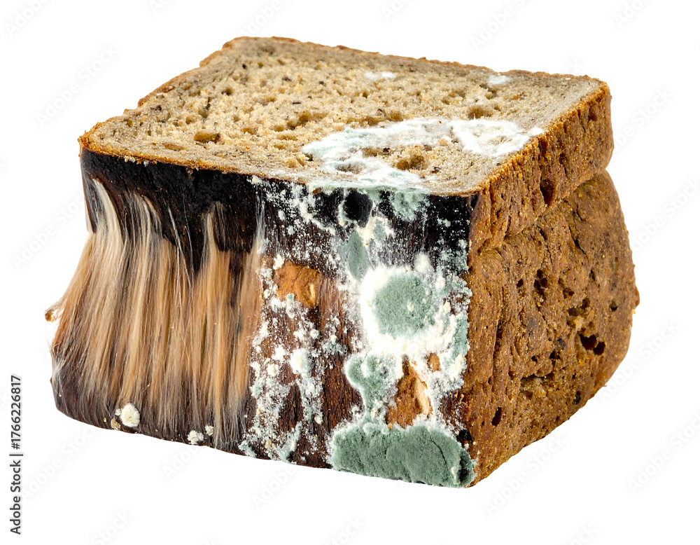 Moldy loaf of bread displaying grey, green, and white mold growth ...