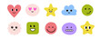 © Polina Tomtosova - Face smile emoji doodle icon sticker set. Cute kid doodle hand drawn style funny face emoji smile, happy, sad sticker. Funny cartoon emoticon heart, star, flower shape. Vector illustration