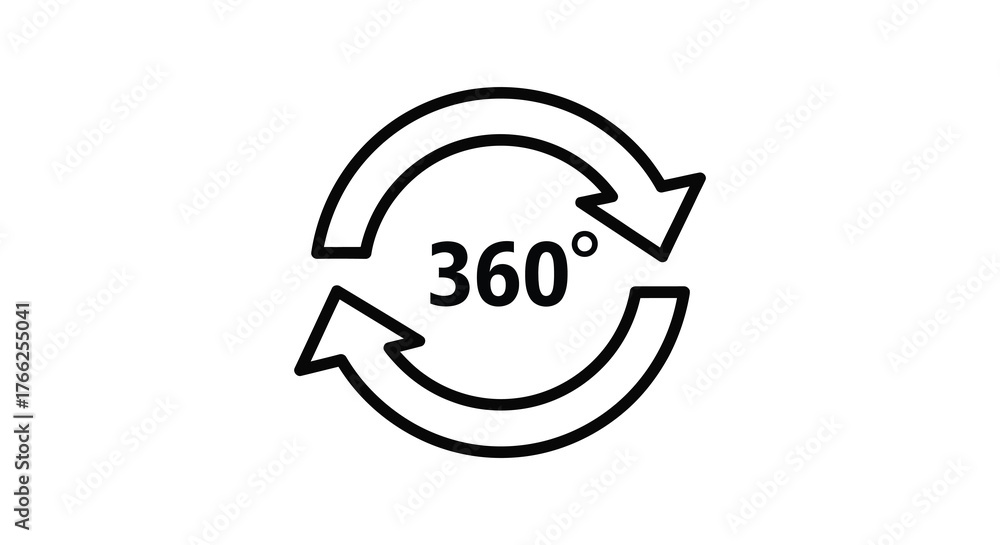 Circular arrows with 360 degrees symbol indicating rotation and full ...