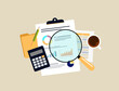 © bestforbest - Financial analysis vector illustration magnifies charts and graphs on clipboard with calculator and coffee cup. Financial analysis insights, business reporting and strategic decisions illustration
