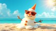 © Prateek - A melting snowman-shaped vanilla ice cream with a carrot nose and sunglasses placed on tropical beach sand under the bright sun — concept of summer Christmas and global warming.