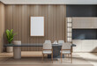 © ImageFlow - Contemporary dining room with empty poster frame on wood slat wall, clean interior layout, modern furniture, and soft lighting. 3D Rendering