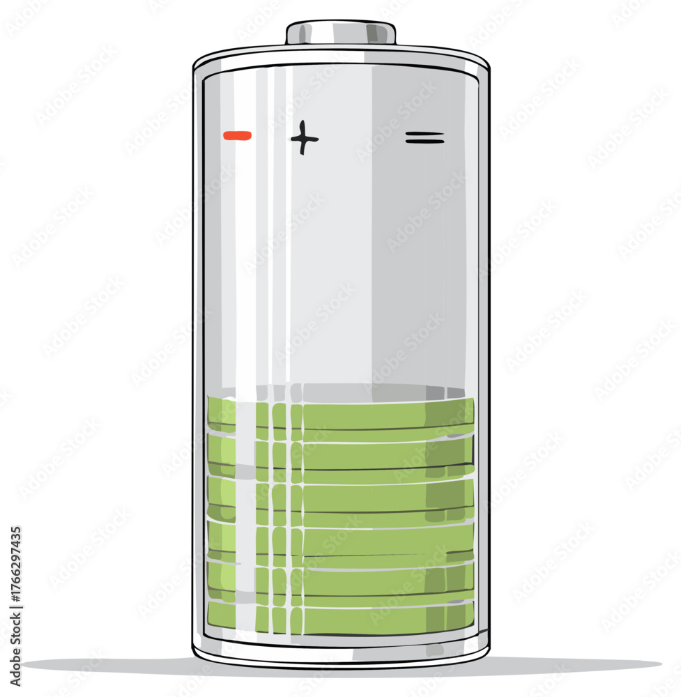 Illustration of battery with plus, minus symbols, showing level of ...