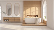 © LEKSTOCK 3D - A luxury modern bathroom featuring a double wash basin, a freestanding bathtub, white tile walls, and wood flooring.3d render