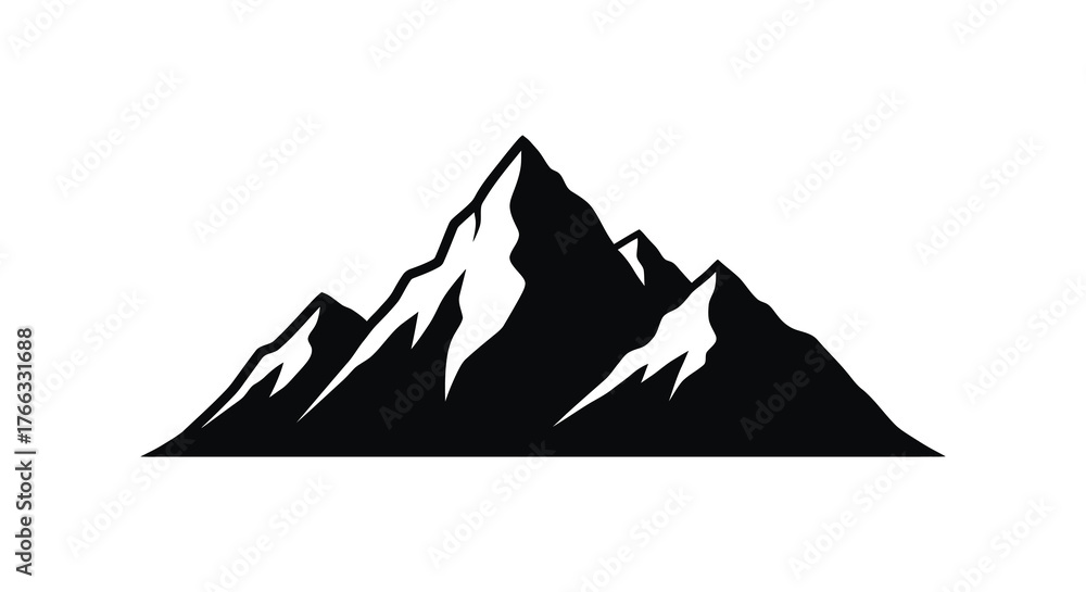 Dramatic jagged mountain range depicted in a stark black and white ...