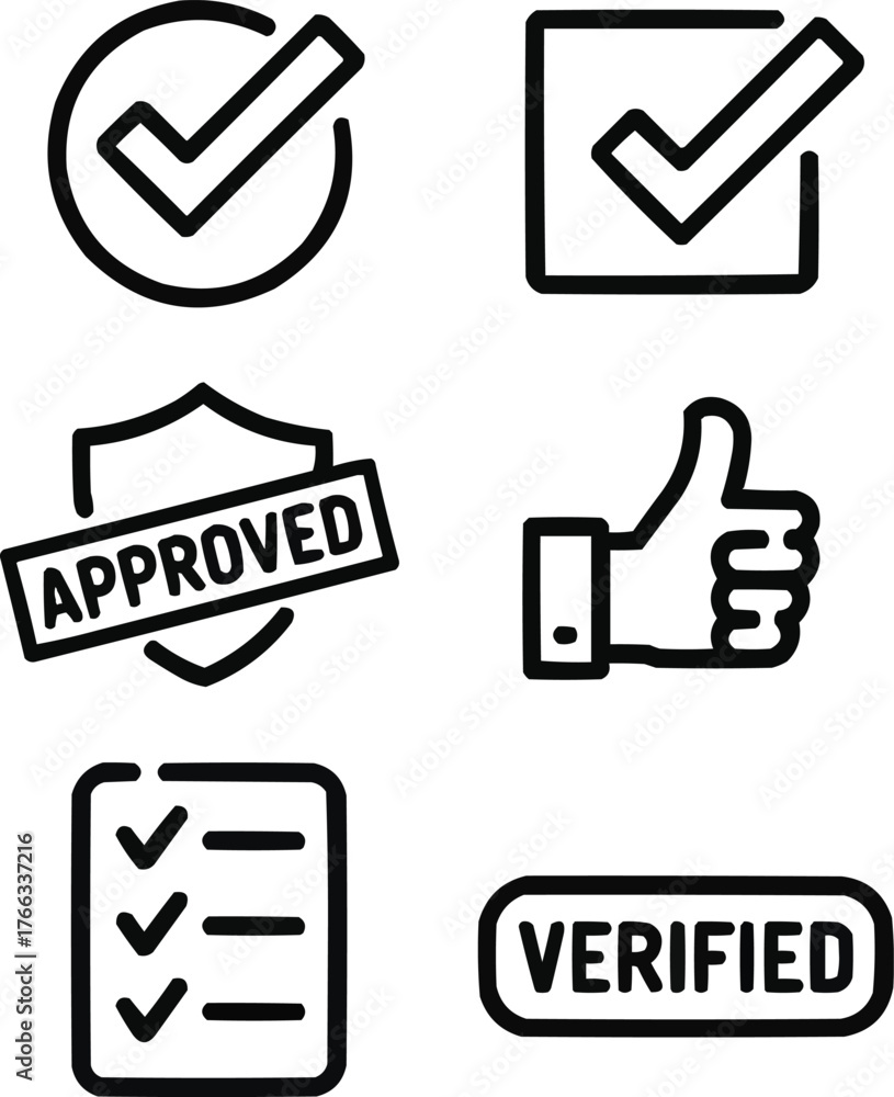 Approval and Verification Outline Icon Set Checkmarks, Shields, and ...