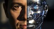 © susanty - Duality of Humanity and AI: Split Portrait of a Human Face and a Robotic Face with a Glowing Eye, Symbolizing Transhumanism and the Future of Technology