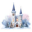 © M - Winter scene of a charming church surrounded by snow-covered trees and festive decorations in a serene snowy landscape