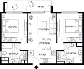 Naklejka na meble Architectural blueprint of a two bedroom apartment floor plan with living room kitchen and bathrooms