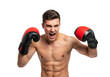 © Vectarica - Aggressive boxer with red boxing gloves shouting ready to fight, athletic man with six pack abs, isolated on transparent background