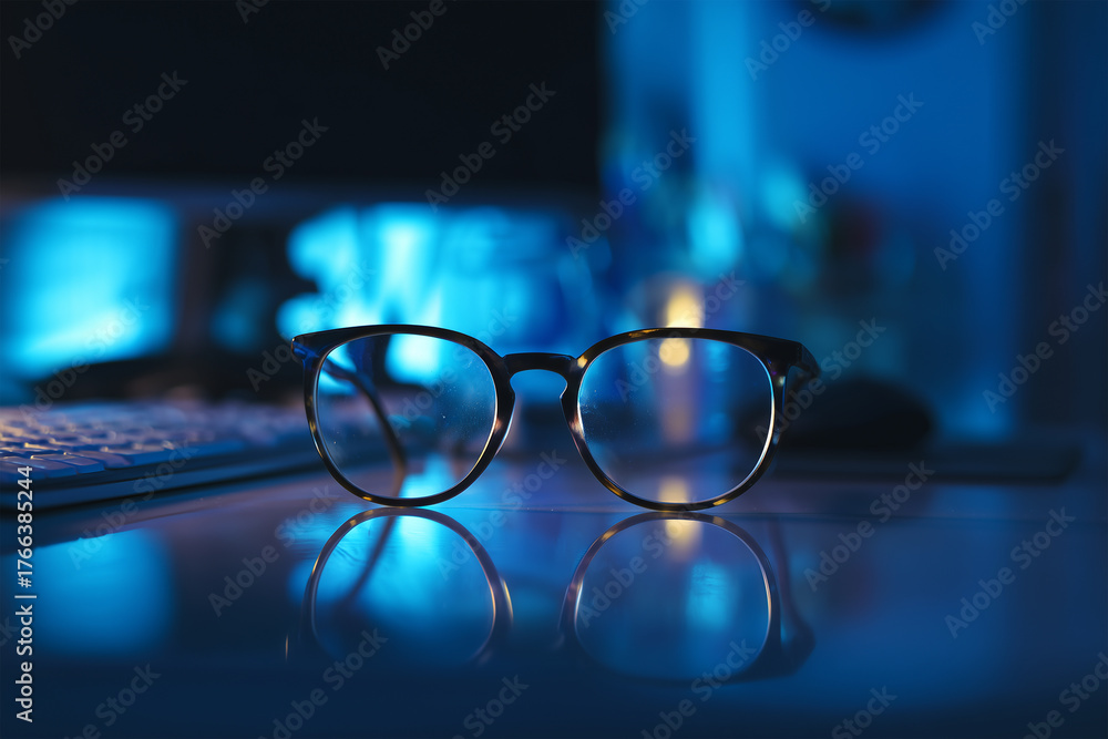 Night desk setup showcasing glasses reflecting computer light with a ...