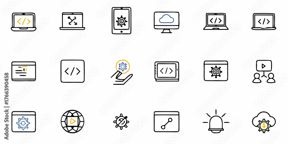 Dynamic set of IT and development icons showcasing software, cloud ...