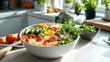 © Nakorn - Delicious seafood burrito bowl bright kitchen table food photography indoor lighting colorful ingredients culinary delight