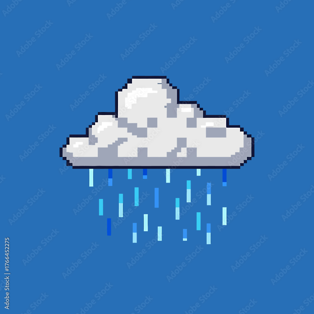 Pixel Raining Pixel art rain cloud showering down blue droplets against a clear sky ...