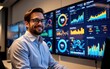 © Cherrin - Smiling man in glasses analyzing data on multiple screens in a modern office.