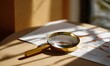 © simba kim - a magnifying glass focusing on documents and graphs under warm sunlight, navy and orange color palette