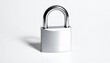 © liam turner - “Metallic padlock with brushed body and shiny curved shackle, standing upright on white surface, sleek security symbol”